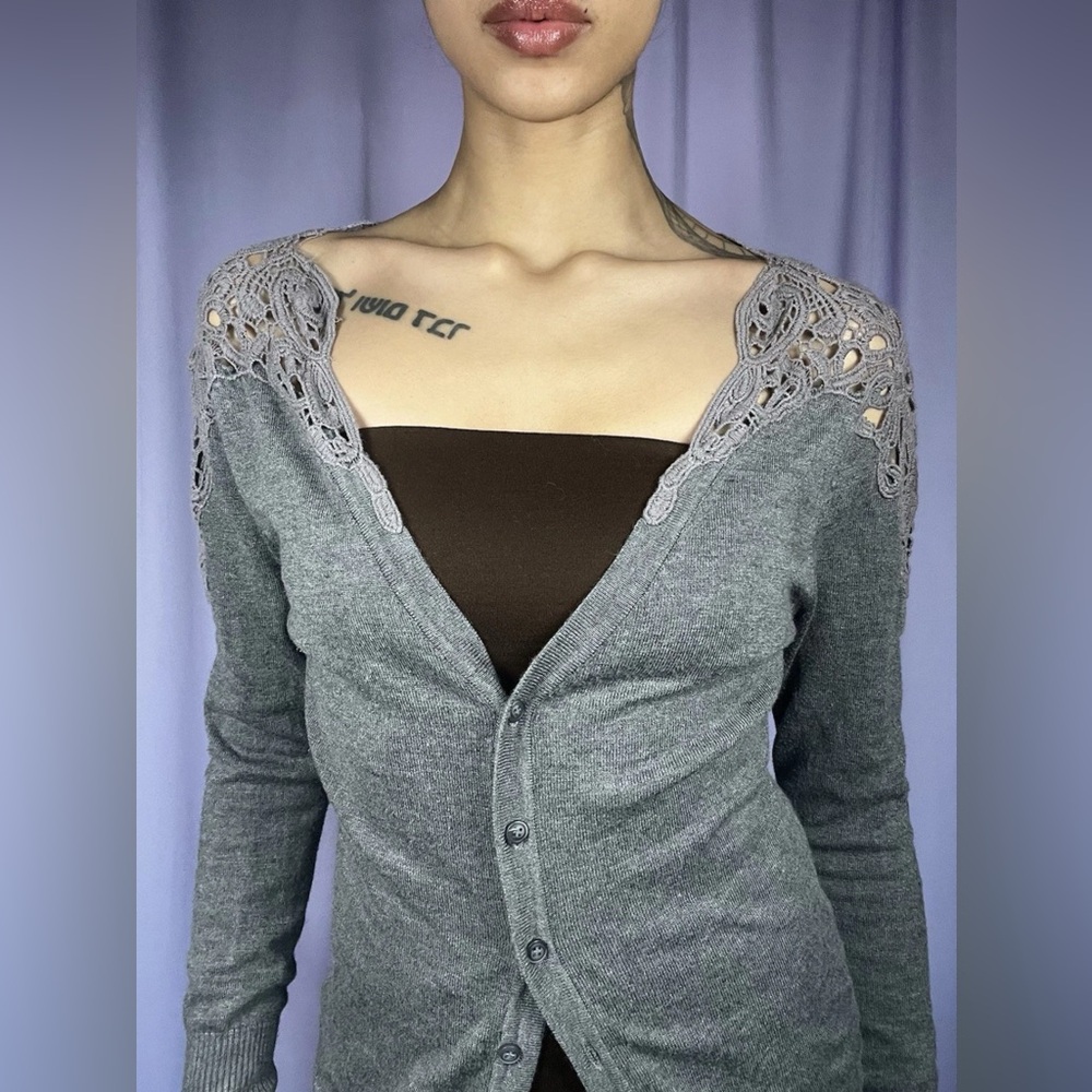 Lapis Grey Open Front Crochet Long Sleeve Cardigan Sweater Womens Size L Fairy